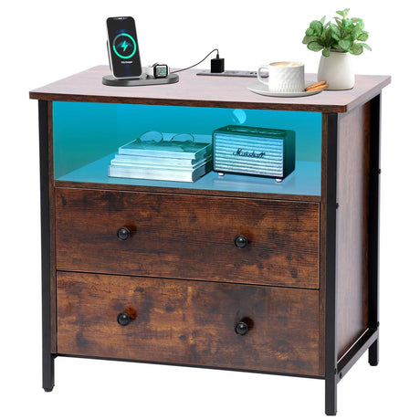 Tykacna 27 Inch Wide Night Stand, Wooden Night Stand with 2 Drawers, LED Nightstands with Charging Station and Adjustable Drawer for Living Room/Bedroom/Study/Office Nightstand, Retro Brown. Tykacna