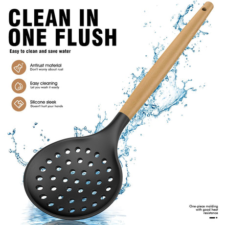 Silicone Cooking Utensils Set Utensil Sets - 446°F Heat Resistant Silicone Kitchen Utensils Set Wooden Handles, Silicone Utensils for Cooking w Holder for Non-Stick Cookware BPA FREE (Black) oannao