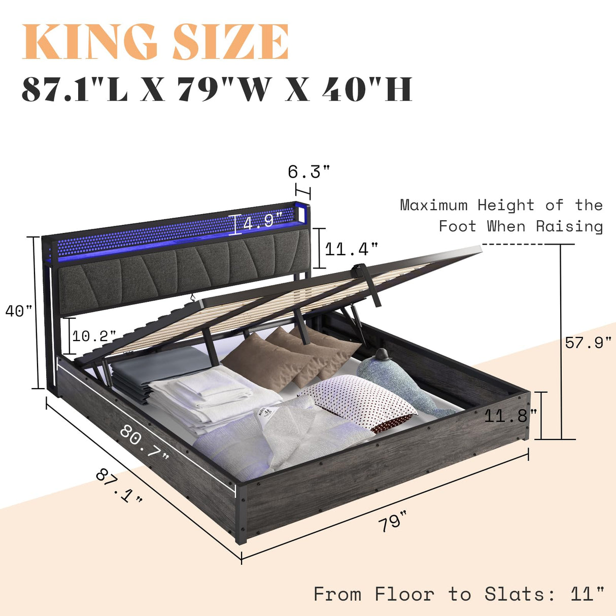 AMERLIFE King Size Lift Up Bed Frame with Linen Upholstered & LED Light & Storage Headboard, Platform Bed Frame with Charging Station, No Box Spring Needed, Noisy Free, Rustic Grey AMERLIFE