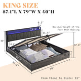 AMERLIFE King Size Lift Up Bed Frame with Linen Upholstered & LED Light & Storage Headboard, Platform Bed Frame with Charging Station, No Box Spring Needed, Noisy Free, Rustic Grey AMERLIFE