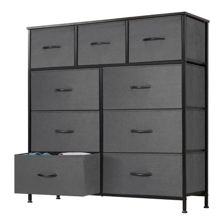 DUMOS Dresser for Bedroom, Dressers & Chests of Drawers Dresser Organizer, Wood Top Table Furniture with 9 Fabric Storage Tower Unit, Chest of Drawers for Closet, Living Room, Hallway, Porch DUMOS