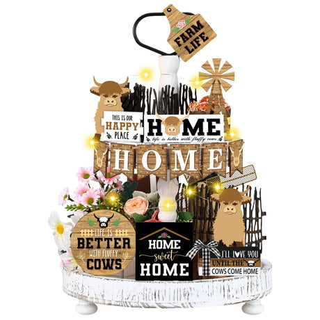 Soaoo 16 Pcs Highland Cow Tiered Tray Decor Gnome Plush Tray Decor Farmhouse Rustic Wood Table Signs with String Lights for Holiday Table Centerpieces Home(Highland Cow) Soaoo