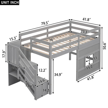 Harper & Bright Designs Grey Twin Size Low Loft Bed with Stairs and Playhouse Window - WoodArtSupply