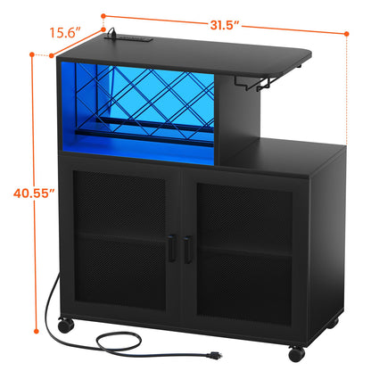 Girapow Wine Bar Cabinet with Wheels, Small Liquor Cabinet with LED Light, Home Bar Cart with Power Outlets, Coffee Bar with Wine Rack, Glasses Storage for Kitchen, Dining Room, Living Room,  - WoodArtSupply