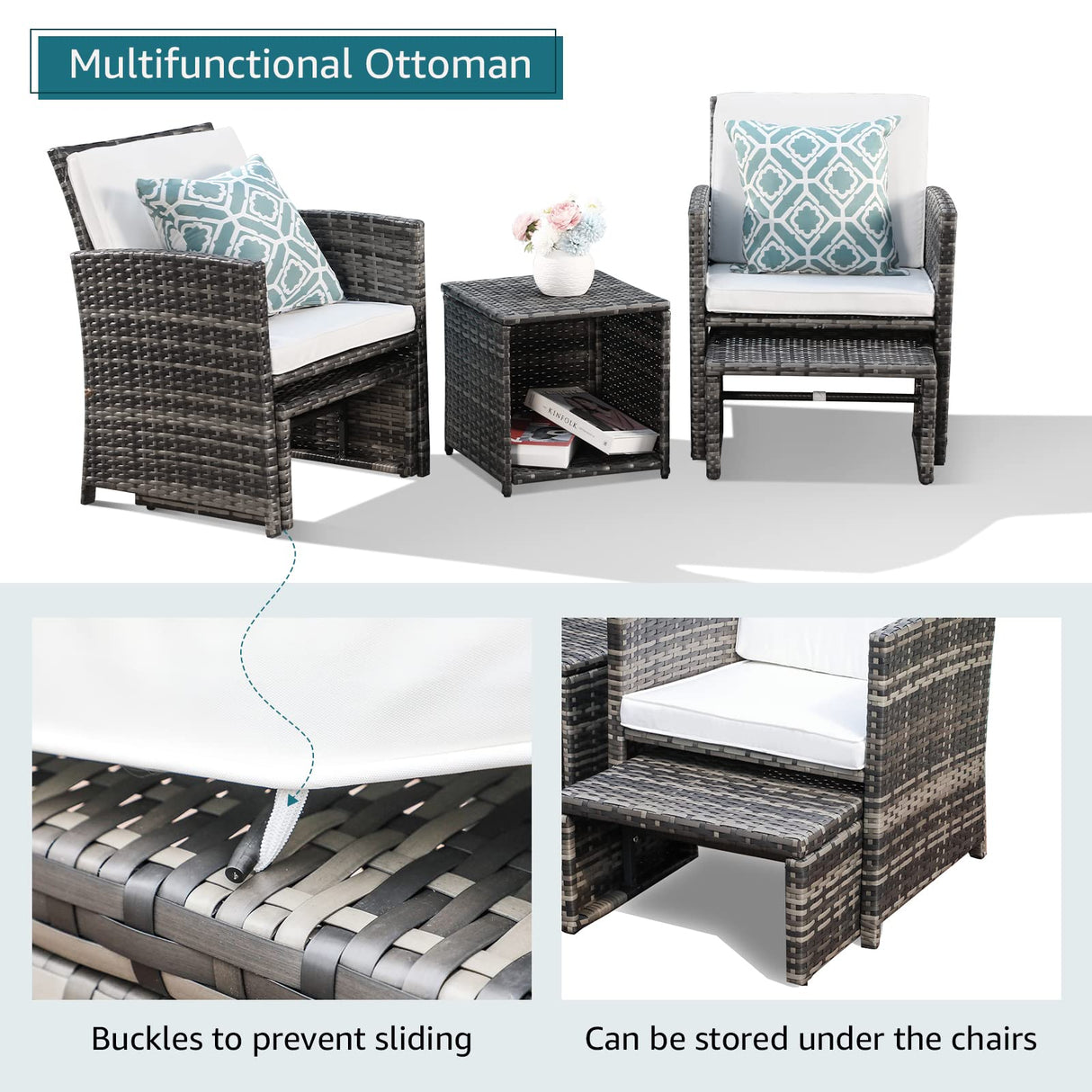 OC Orange-Casual 8 Pieces Patio Furniture Conversation Set, Outdoor Wicker Bistro Set, All Weather Loveseat Chairs with Ottoman & Coffee Table, Grey Rattan with White Cushion (Taupe Cover Included) OC Orange-Casual