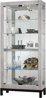 Howard Miller Quinn II Curio Cabinet 680-599 – Burnished Silver Finish Home Decor, Four Glass Shelves, Five Level Display Case, No-Reach Roller Halogen Light Howard Miller