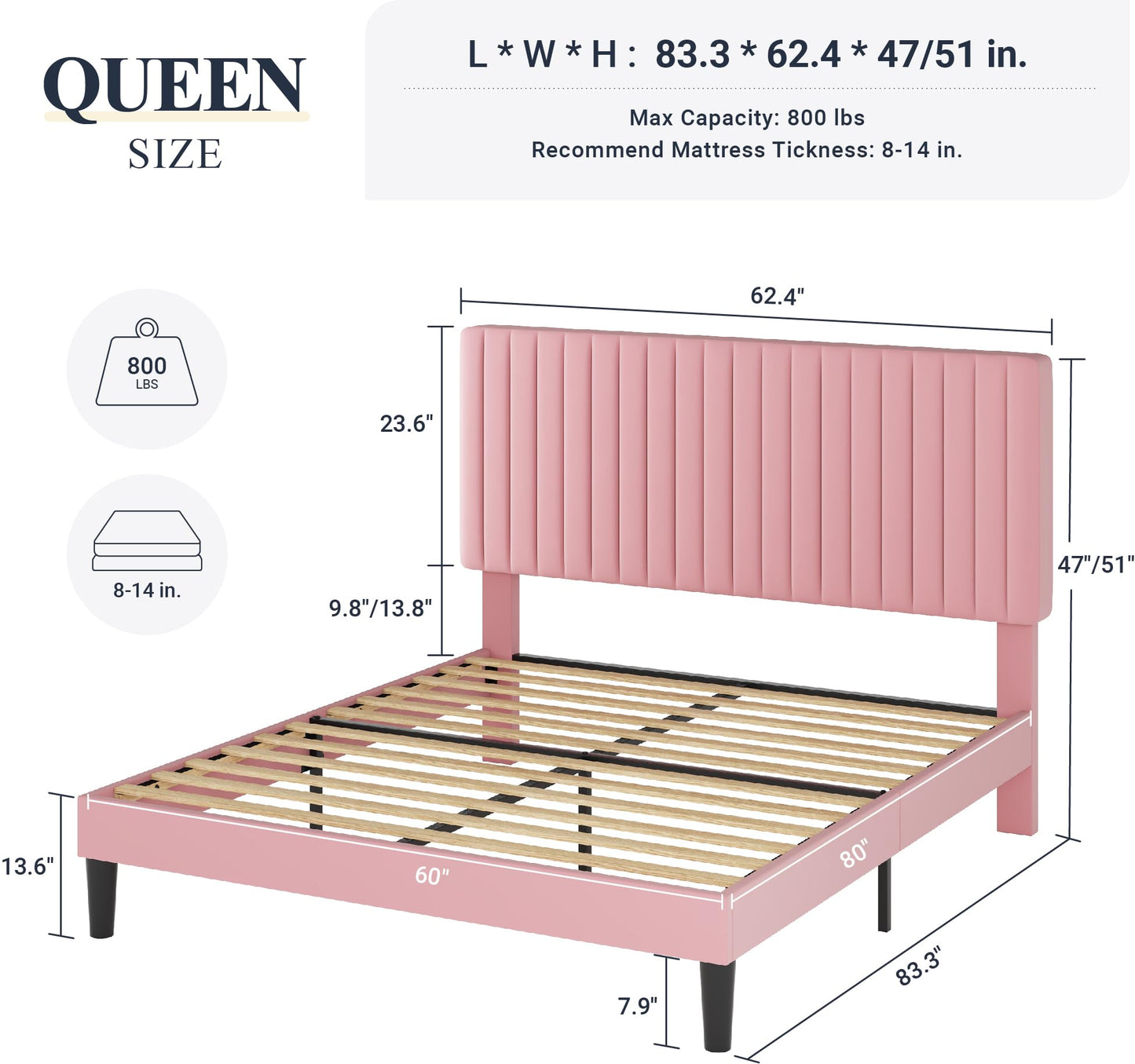 Allewie Queen Bed Frame, Velvet Upholstered Platform Bed with Adjustable Vertical Channel Tufted Headboard, Mattress Foundation with Strong Wooden Slats, Box Spring Optional, Easy Assembly, Pink