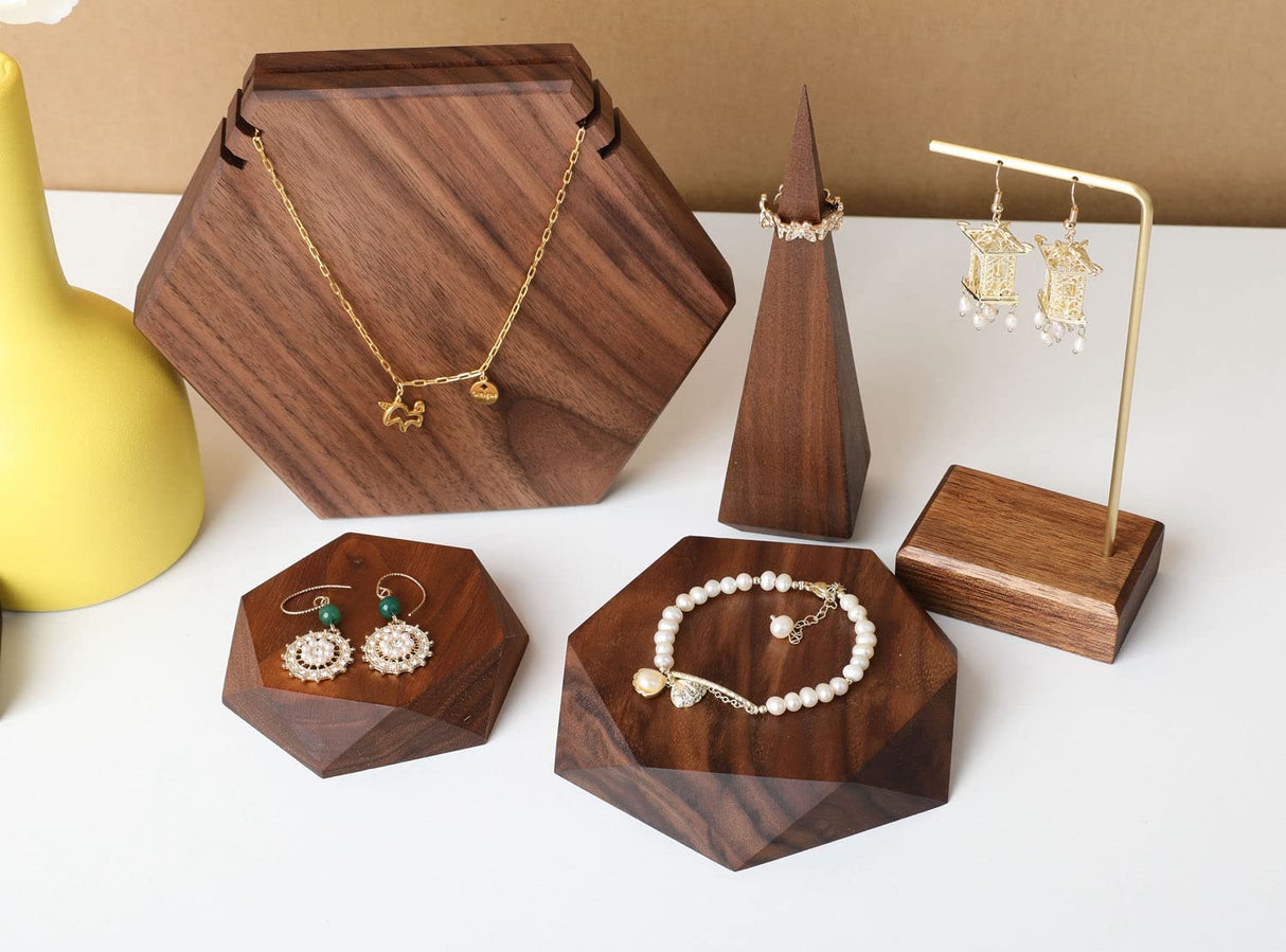 GemeShou 2pcs Wooden Jewelry display tray, Hexagon jewelry display riser, Jewelry retail shop photography props【Walnut Hexagon tray-2pcs】 GemeShou