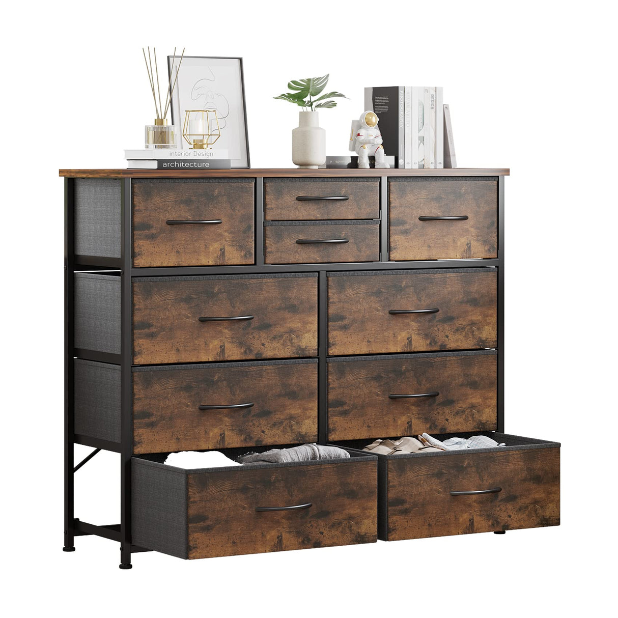 LUMTOK 10-Drawer Dresser, Fabric Storage Dressers for Bedroom, Hallway, Nursery, Closets, Steel Frame, Wood Top, Easy Pull Handle (Rustic Brown) LUMTOK
