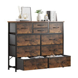 LUMTOK 10-Drawer Dresser, Fabric Storage Dressers for Bedroom, Hallway, Nursery, Closets, Steel Frame, Wood Top, Easy Pull Handle (Rustic Brown) LUMTOK