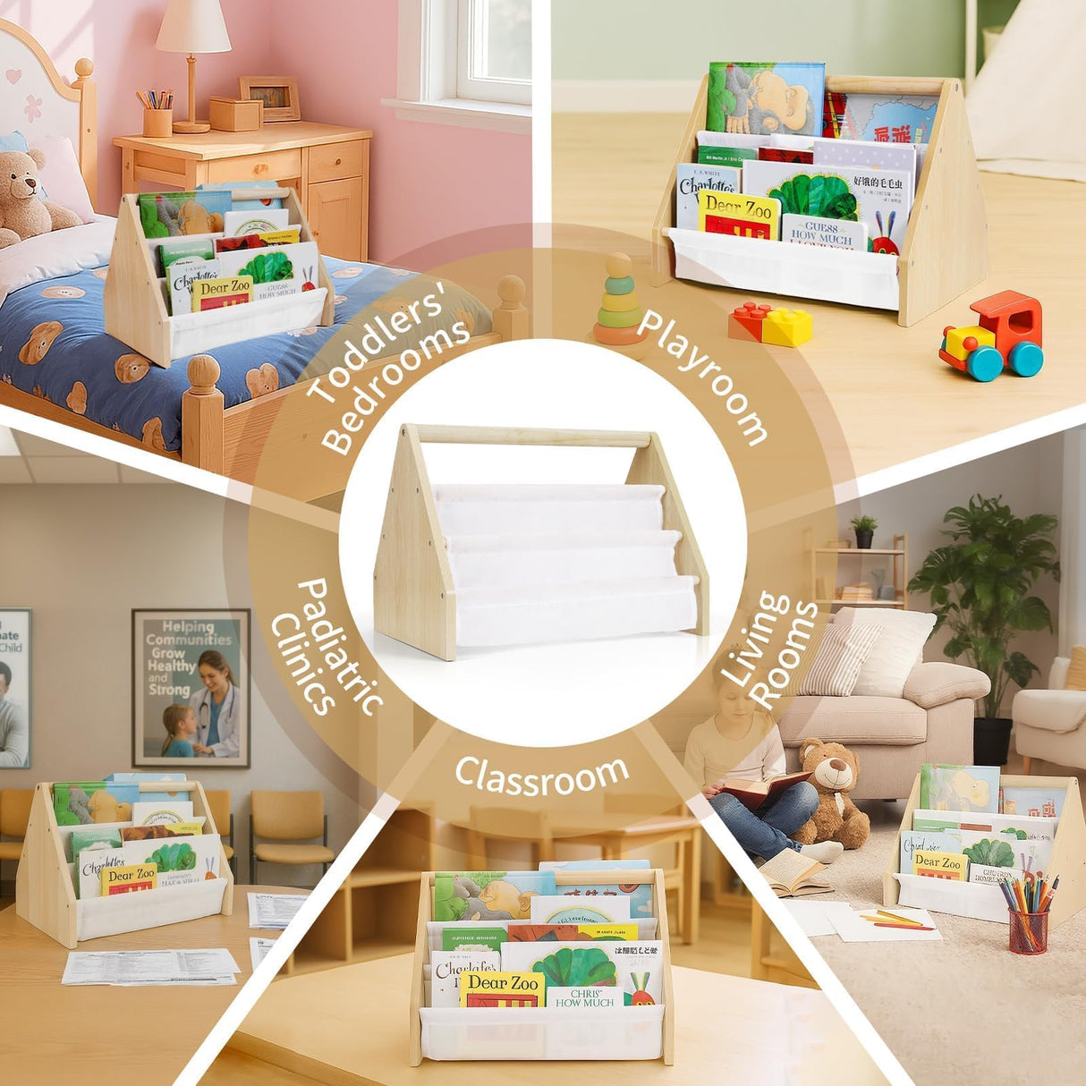 Epelay 19" Toddler Bookshelf, 6-Tier Double-Sided Kids Bookshelf, Montessori Bookcase for Toddlers with Deep Fabric Pockets, Natural Wooden Toy Storage Organizer for Nursery or Playroom Epelay