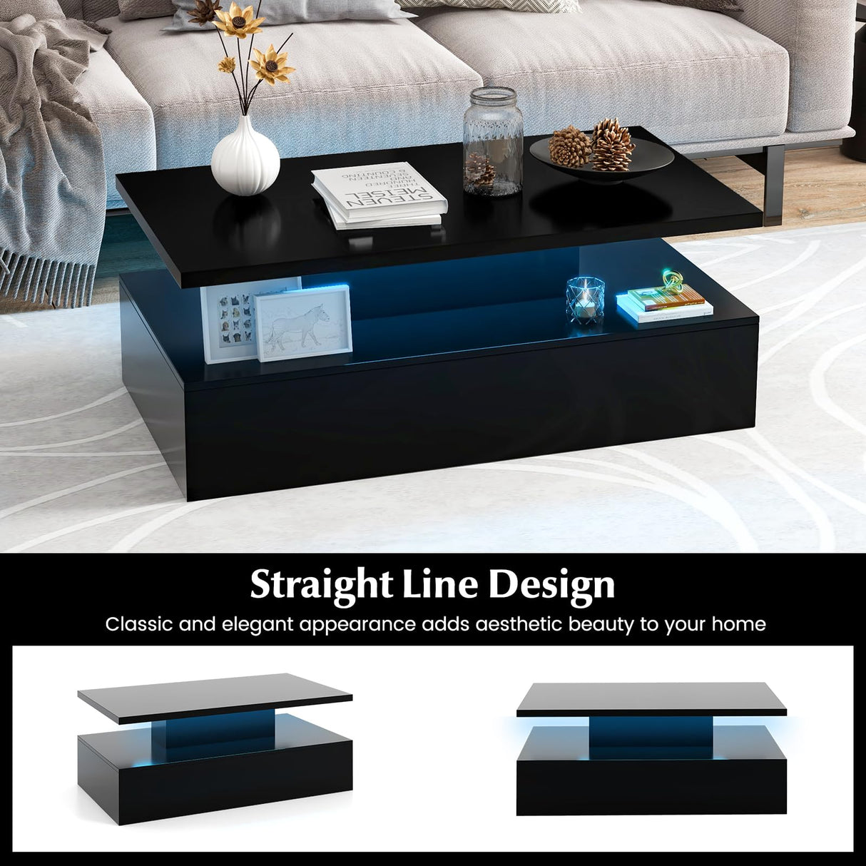 Giantex Modern LED Coffee Table - 2-Tier High Gloss Table w/Adjustable 20-Color Light, 8-Level Brightness & Speed, Remote Control, Contemporary 43.5”L Rectangular Center Table for Living Room (Black) Giantex