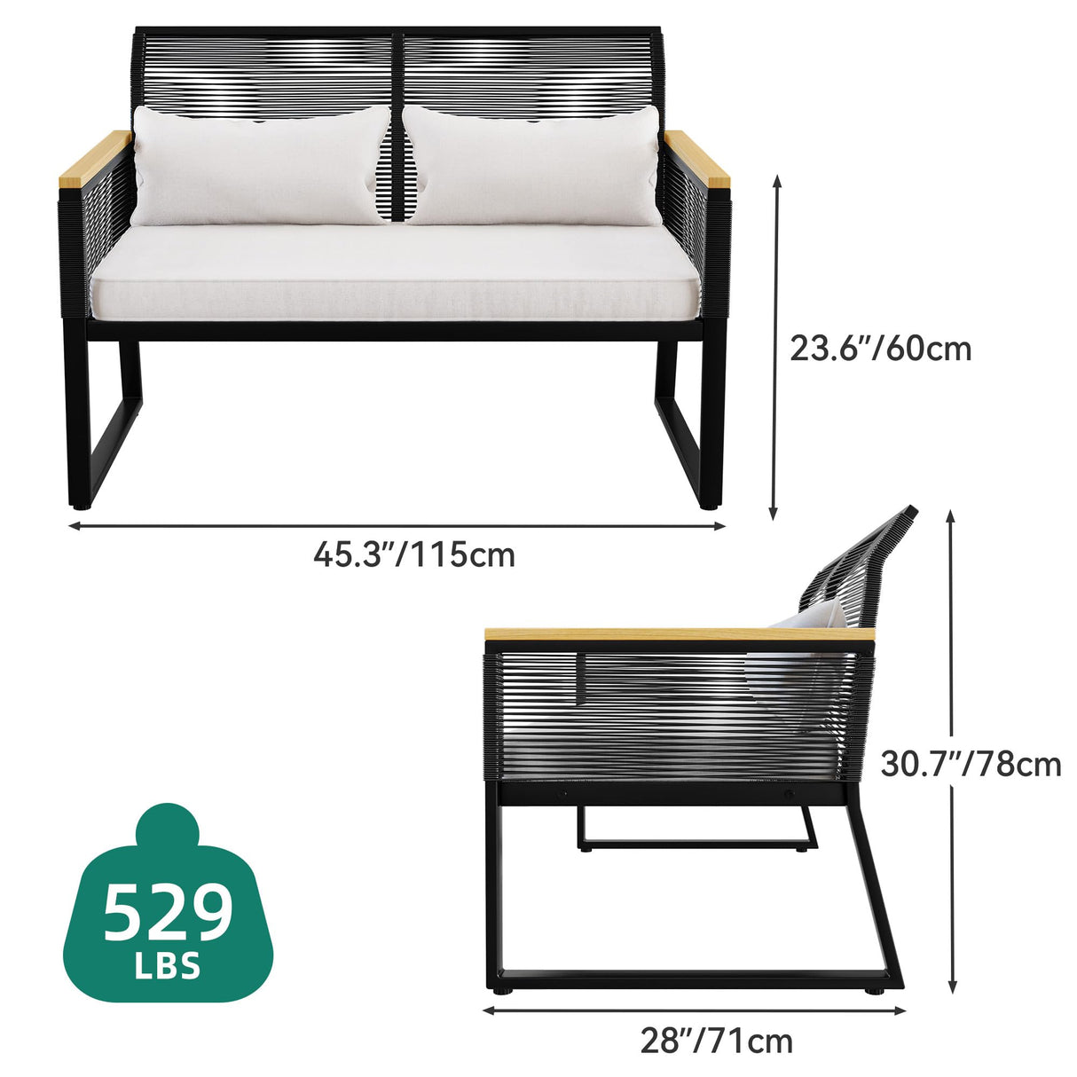 YITAHOME Patio Loveseat Wicker Outdoor Furniture, All Weather Rattan Conversation Loveseat for Backyard, Balcony and Deck with Wooden Armrest, Dark Gray Cushions (Dark Gray) YITAHOME