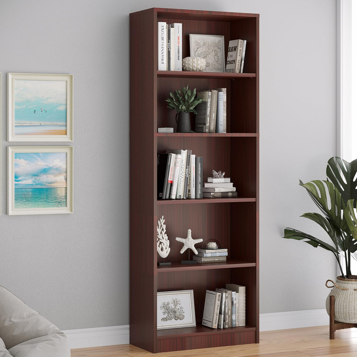 Farini Bookcase Freestanding 5 Shelf Wood Bookshelf Adjustable Shelves for Home Office,5 Layer, Mahogany Farini
