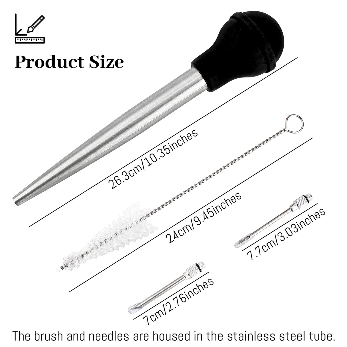Turkey Baster Syringe for Cooking, Large Stainless Steel Meat Injector, with Cleaning Brush and 2 Marinade Needles, Black Omoojee