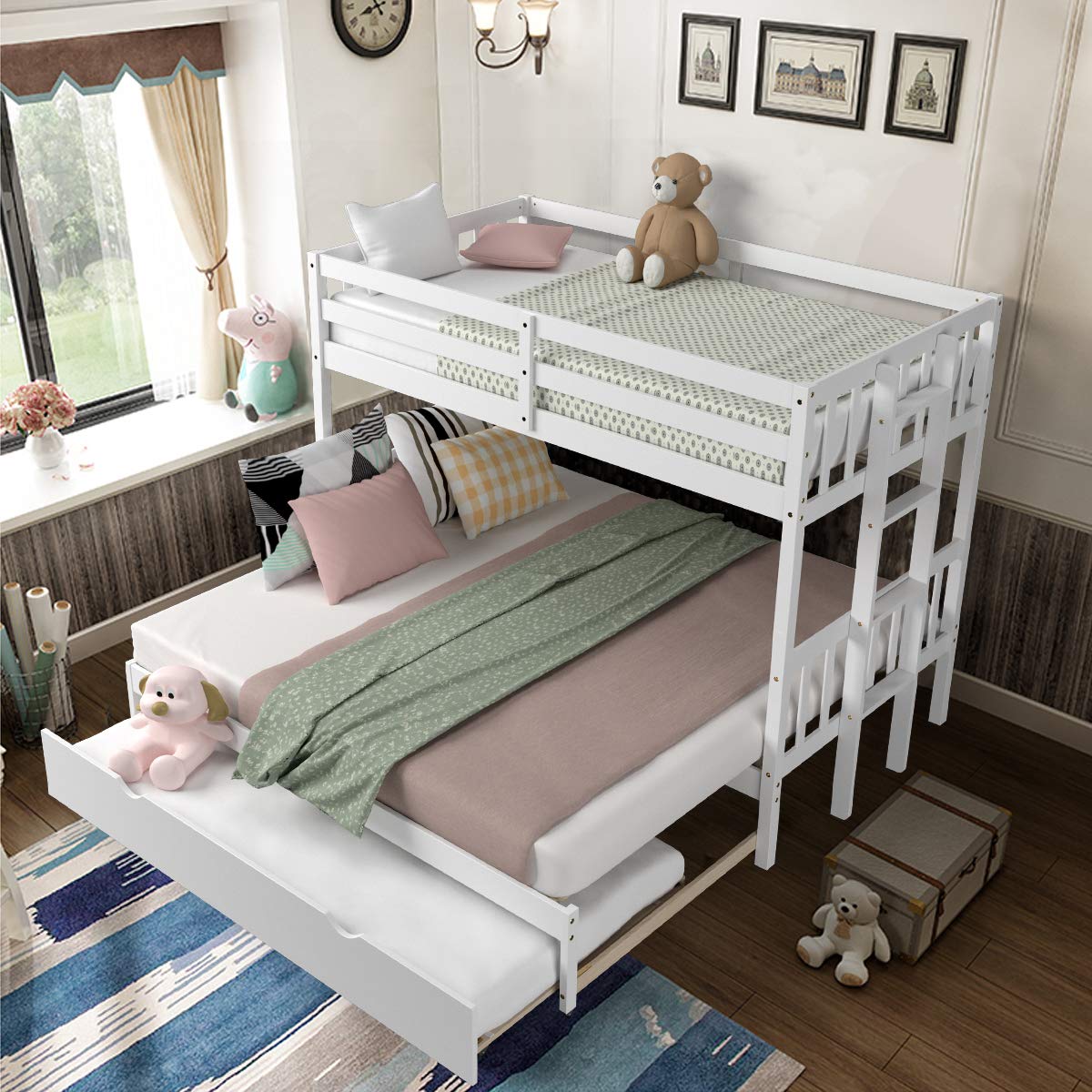 Giantex Versatile Twin Over Pull-Out Bunk Bed with Trundle - Solid Wood in White - WoodArtSupply