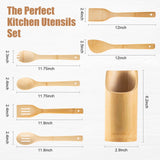 Bamboo Wooden Spoons for Cooking 7 Piece - Bamboo Cooking Utensils Set with Holder Wooden Spoons Spatula for Cooking Nonstick Wood Kitchen Utensil Set (7 Pcs) YIANSOL