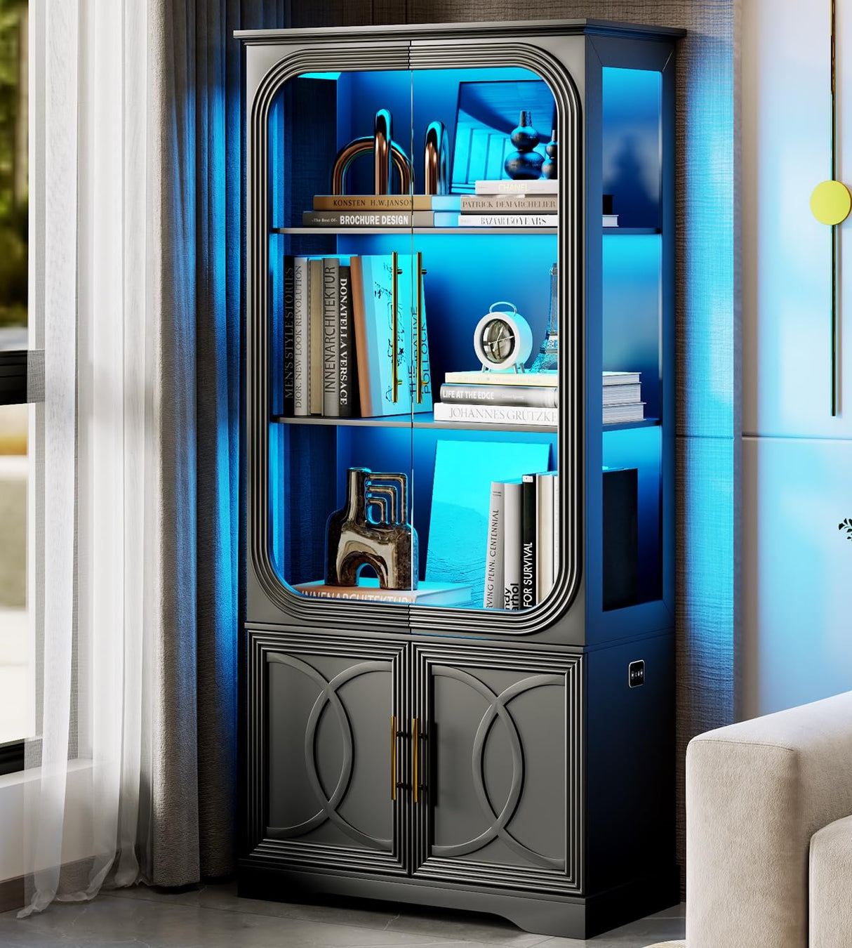 Lareth Display Cabinet with Glass Doors, 69 in Tall Bookcase with LED Lights, Curio Storage Cabinet|Kitchen Pantry Cabinet, 5 Tier Glass Display Case for Living Room, Home Office, Black Lareth