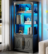 Lareth Display Cabinet with Glass Doors, 69 in Tall Bookcase with LED Lights, Curio Storage Cabinet|Kitchen Pantry Cabinet, 5 Tier Glass Display Case for Living Room, Home Office, Black Lareth