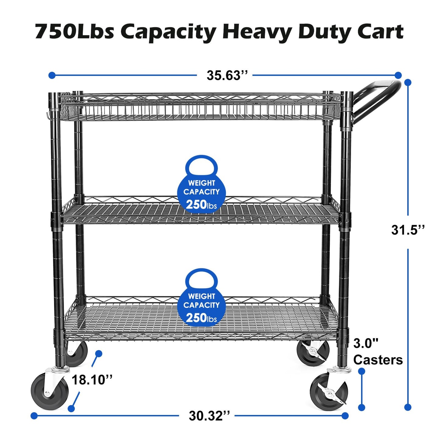 WDT Heavy Duty 3 Tier Utility Cart,Wire Rolling Cart with Wheels, Commercial Grade Service Cart with Shelving Liners and Handle Bar Metal Carts for Kitchen Office Hardware (750LBS Capacity Black)