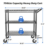 WDT Heavy Duty 3 Tier Utility Cart,Wire Rolling Cart with Wheels, Commercial Grade Service Cart with Shelving Liners and Handle Bar Metal Carts for Kitchen Office Hardware (750LBS Capacity Black) WDT