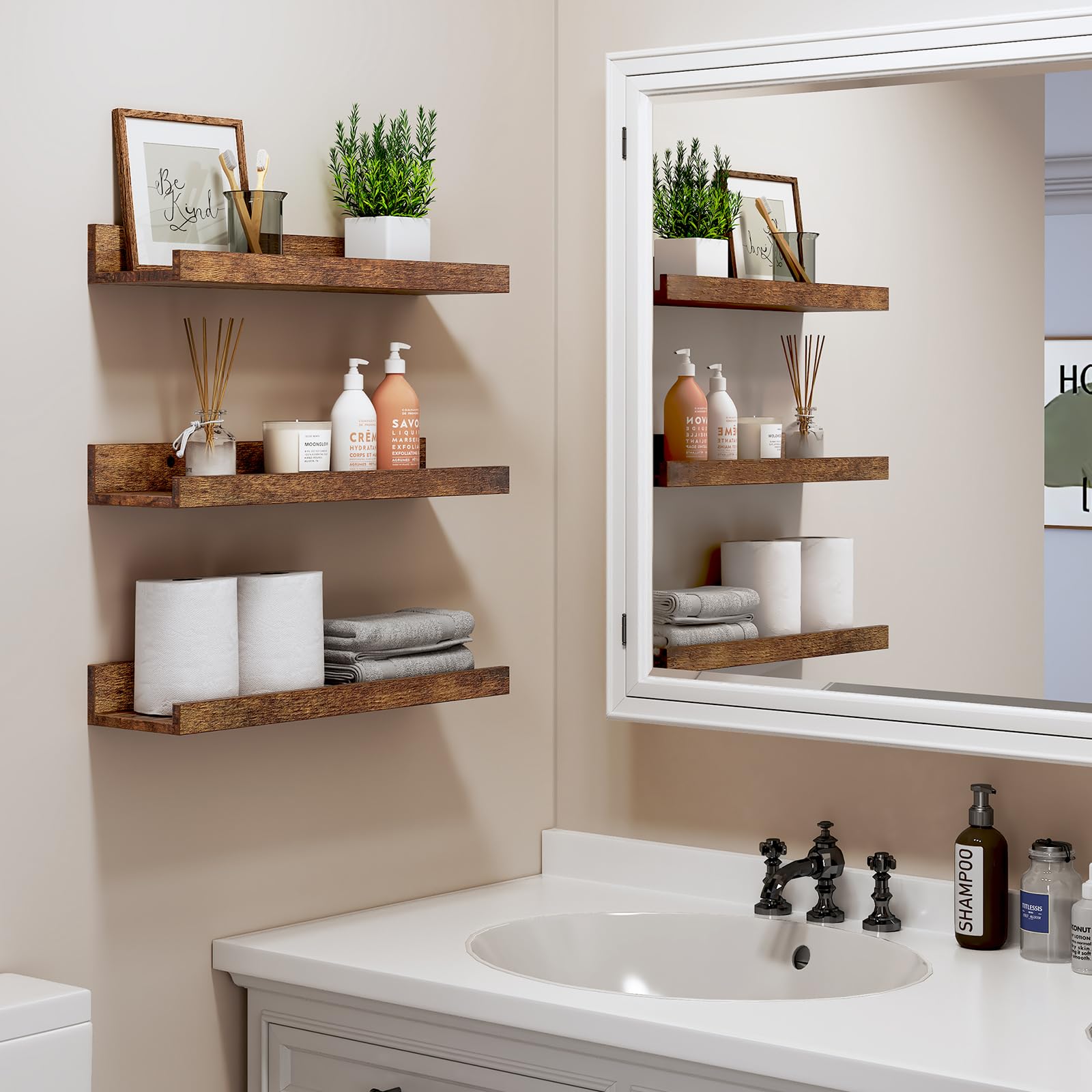 Fixwal Floating Shelves for Wall Decor, Wall Shelves Set of 8, Display Floating Shelf Wall Self with Lip for Bedroom, Bathroom, Nursery, Living Room (Rustic Brown) - WoodArtSupply