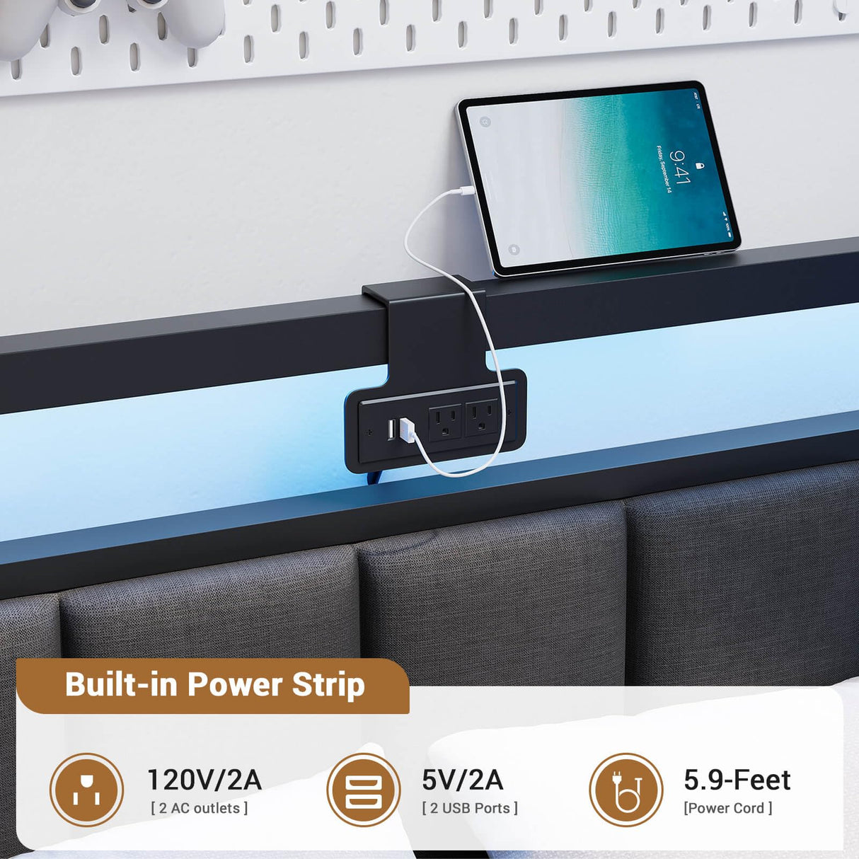 Hasuit Corner Bed Frame with Storage Drawers, Full Daybed with Line Fabric Upholstered Fence, Kids Bed Unit with LED Light and Charging Station, Modern Bed Frame Full Size, Gray Hasuit