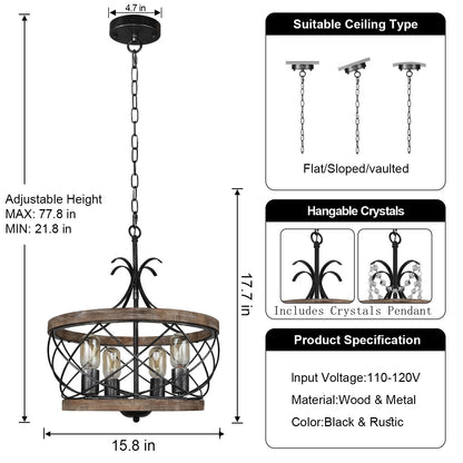 Sigaitwei Wood Farmhouse Chandelier Light Fixture, 4-Light Rustic Drum Chandelier,Black Vintage Chandelier for Dining Room Entryway Foyer Kitchen Island Hallway.E26,15.8”.