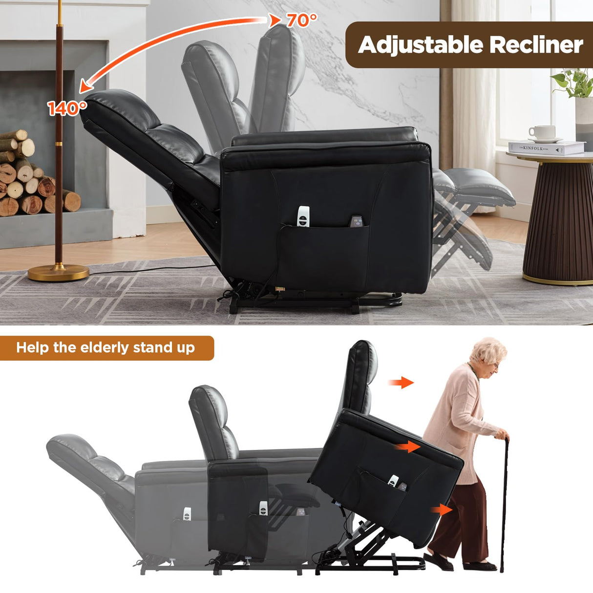MANBUR Power Lift Recliner for Elderly with Vibration Massage and Lumbar Heat, Electric PU Leather Lift Chair, Adjustable Reclining Chair with Side Pockets,LED Light,USB Port for Small Space(Black) MANBUR