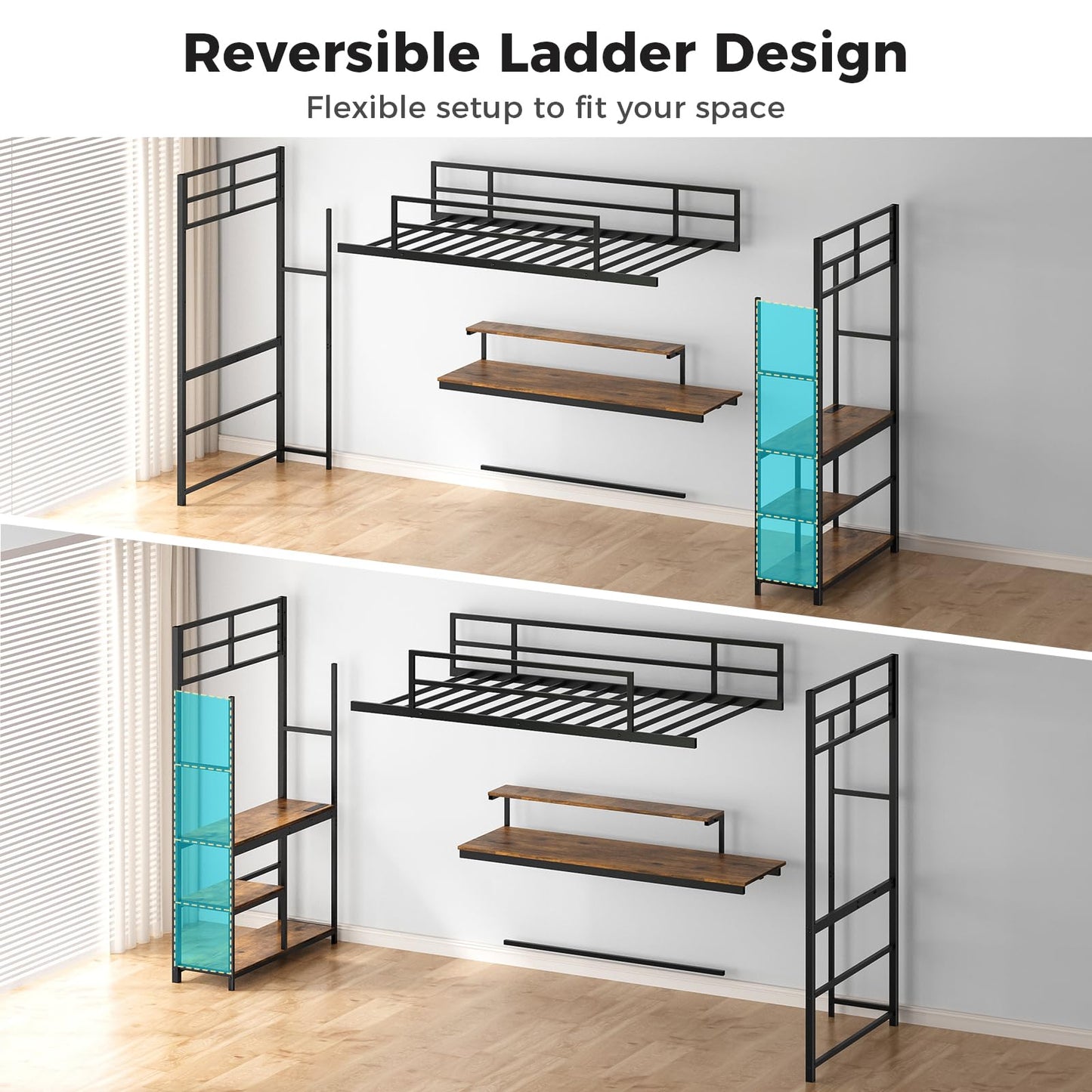 Tatub Twin Loft Bed with Large Desk and LED Lights, Metal Loft Bed with Ladder and Safety Guardrails for Adults, Teens, and Kids in Bedrooms, Apartments, and Dormitories