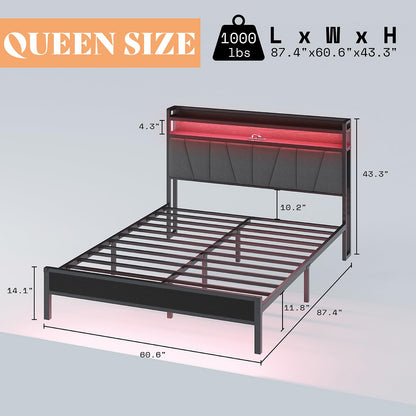 AMERLIFE Black Queen Size Bed Frame with RGB Lights, Charging Station, and Storage Headboard - WoodArtSupply