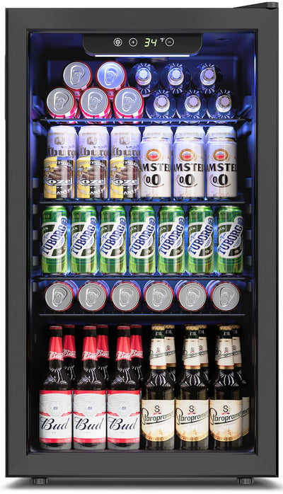 Feelfunn 3.2 Cu.Ft Mini Fridge with Glass Door - 126 Can Beverage Refrigerator Cooler for Drink Beer Wine Soda, Small Fridge for Bedroom Office Bar Dorm, 4 Adjustable Shelves, Black