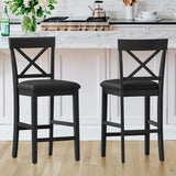 Cozyman 26" Wood Bar Stools Set of 2, Counter Height Bar Stools with Classical X-Shaped Back, Solid Barstools with Rubber Wood Frames and Faux Leather Seat, Black Cozyman