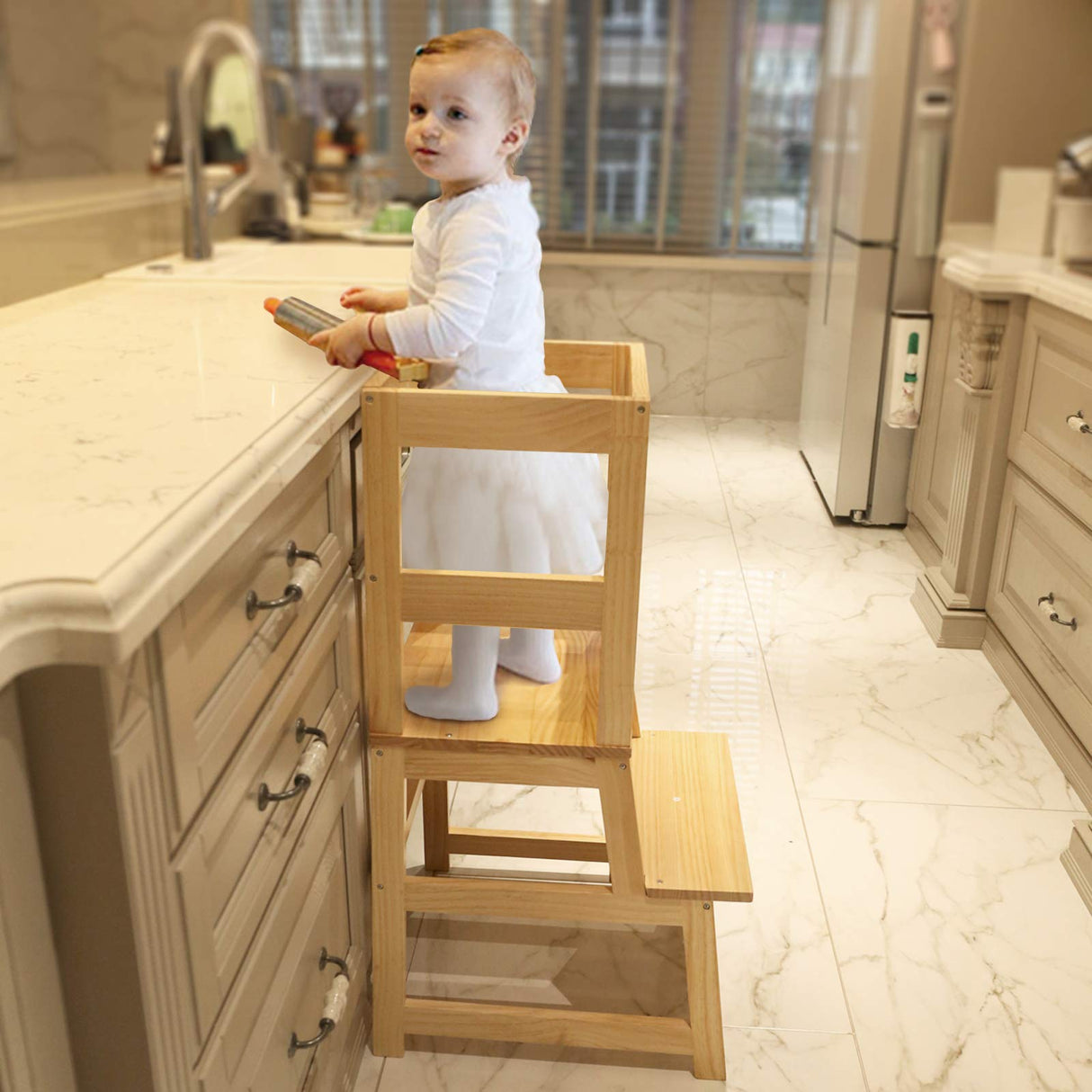 Kitchen Step Stool for Toddlers with Non-Slip Mat, Wood City Wooden Kids Montessori Learning Stool Tower, Toddler Standing Tower Helper for Kitchen Counter and Bathroom Sink. WOOD CITY