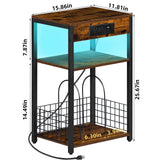 LELELINKY Brown Record Player Stand with LED Light & Charging Station LELELINKY