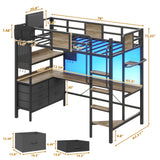 Twin Loft Bed with Desk and 5 Storage Drawers,Loft Bed Twin Size with LED Lights and Charging Station, Metal Bunk Bed Frame with Ladder, Clothes Rail,Noise Free,Oak Gray Dnxao