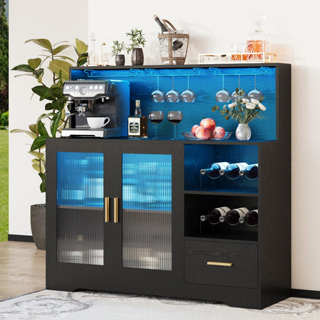 Wine Bar Cabinet with LED Light, Liquor Cabinet Bar for Home with Wine and Glass Rack, Modern Kitchen Coffee Bar Cabinet with Storage, Buffet Sideboard with Drawers for Living Dining Room, Black amzzar