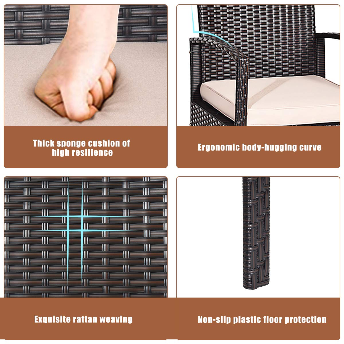 COSTWAY 4 PCS Patio Rattan Conversation Furniture Set Cushioned Seat Glass Tabletop COSTWAY