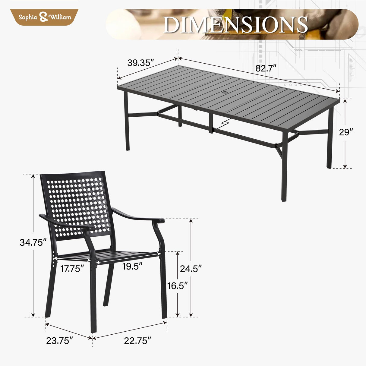 Sophia & William Patio Table and Chairs Set, Outdoor Dining Set for 8, 9 Piece Metal Patio Furniture, 82.7" Black Rectangular Table(Beehive) Sophia & William