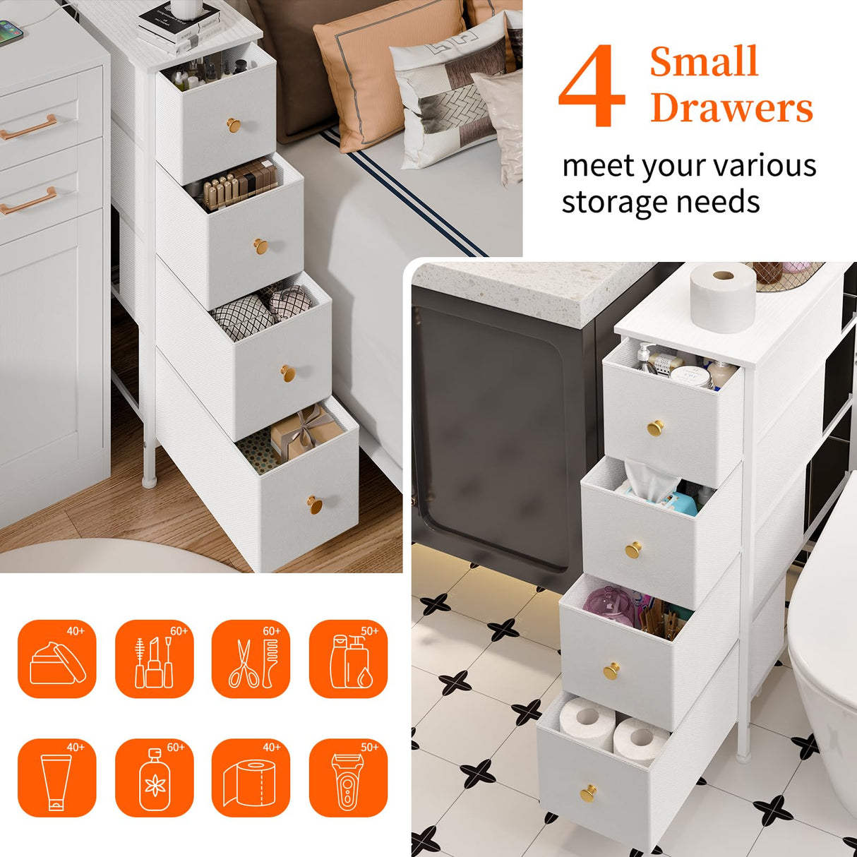 Fixwal Narrow Storage Cabinet, Dresser with 4 Drawers, Slim Fabric Dresser Storage Tower for Small Spaces, White Dresser with Steel Frame, Wood Top, for Bedroom, Bathroom, Living Room, Laundry, Closet Fixwal