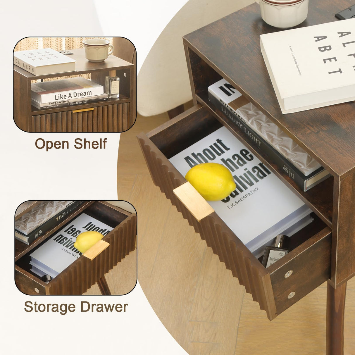 Fultyle Mid Cetury Modern Nightstand with Charging Station, Fluted Bedside Table with Storage, Modern Side End Table with Solid Wood Legs Living Room for Bedroom and Small Space (Rustic Brown) Fultyle