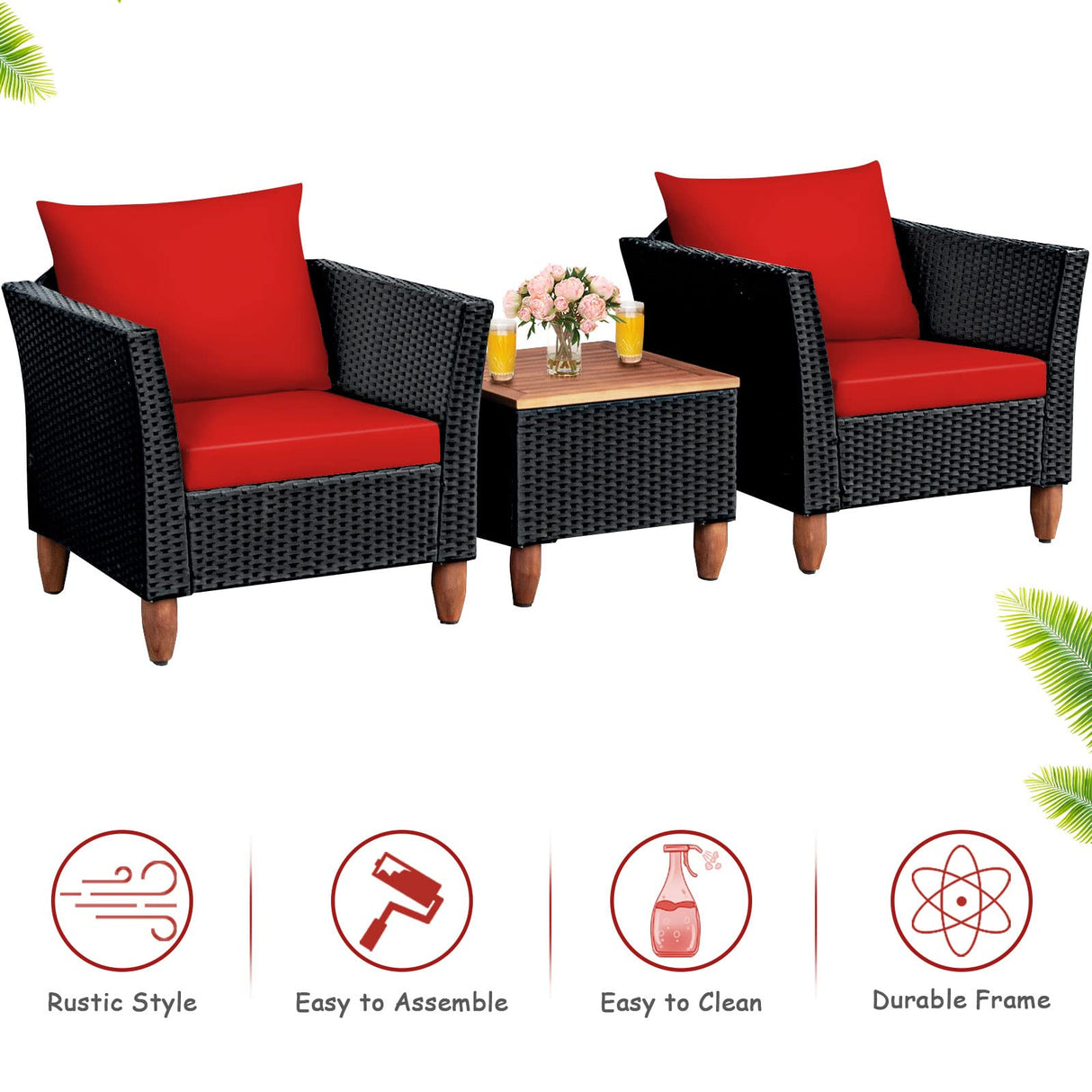 COSTWAY 3PCS Outdoor Patio Rattan Furniture Set Wooden Table Top Cushioned Sofa Red COSTWAY