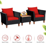 COSTWAY 3PCS Outdoor Patio Rattan Furniture Set Wooden Table Top Cushioned Sofa Red COSTWAY