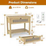 Large Night Stand Set of 2, Bedside Table with Drawers and Open Shelf, Farmhouse Bedroom Nightstand with Charging Station, 27.5" Wide Boho Rattan Side Table for Bedroom, Living Room Arbcoler