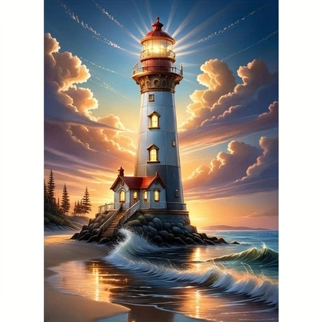 Diosedyer Lighthouse Sunset Diamond Painting Kit 5D DIY Diamond Painting Kit Full Round Ideal for Christmas & Halloween Decor, Perfect for Bedroom, Living Room Wall Art 11.8x15.7inch Diosedyer