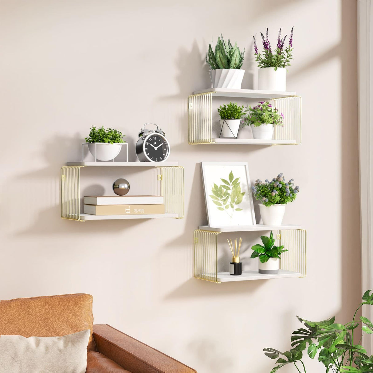 Filano Floating Nightstand White and Gold Wall Mounted Nightstand, Small Bedside Wall Shelves for Bedroom, Wood Floating Bed Side Table/Night Stand 2 Tiers Modern Decor Filano