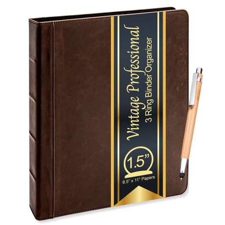 Lee Vintage Professional 3 Ring Binder Organizer, 1.5-inch Round Rings, 8.5" x 11" Sheet Size, 2 Inner Pockets, Appearance of Antique Brown Leather, Pen Included Ring Binder Depot