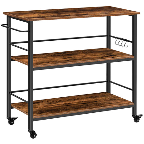 HOOBRO Kitchen Island with Storage,Industrial Kitchen Counter with Hooks and Side Enclosures, 3 Tier Kitchen Cart with Large Workstation, Saving Space, Easy Assembly, Rustic Brown and Black BF03ZD01 HOOBRO