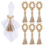 Meplait 6 Pieces Wooden Bead Napkin Rings, Farmhouse Stretchable Napkin Rings with Tassel Boho Napkin Rings for Dining Table,Wedding Decoration (Gold) Meplait