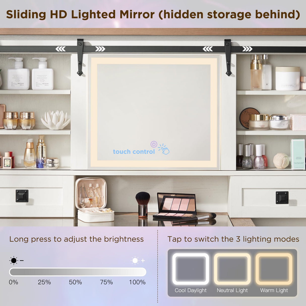 T4TREAM 48'' Farmhouse Makeup Vanity Desk with Sliding HD Mirror and Lights, Big Modern Lighted Vanity Table with 7 Drawers & Shelves, Rustic Large Dressing Table, Antique White T4TREAM